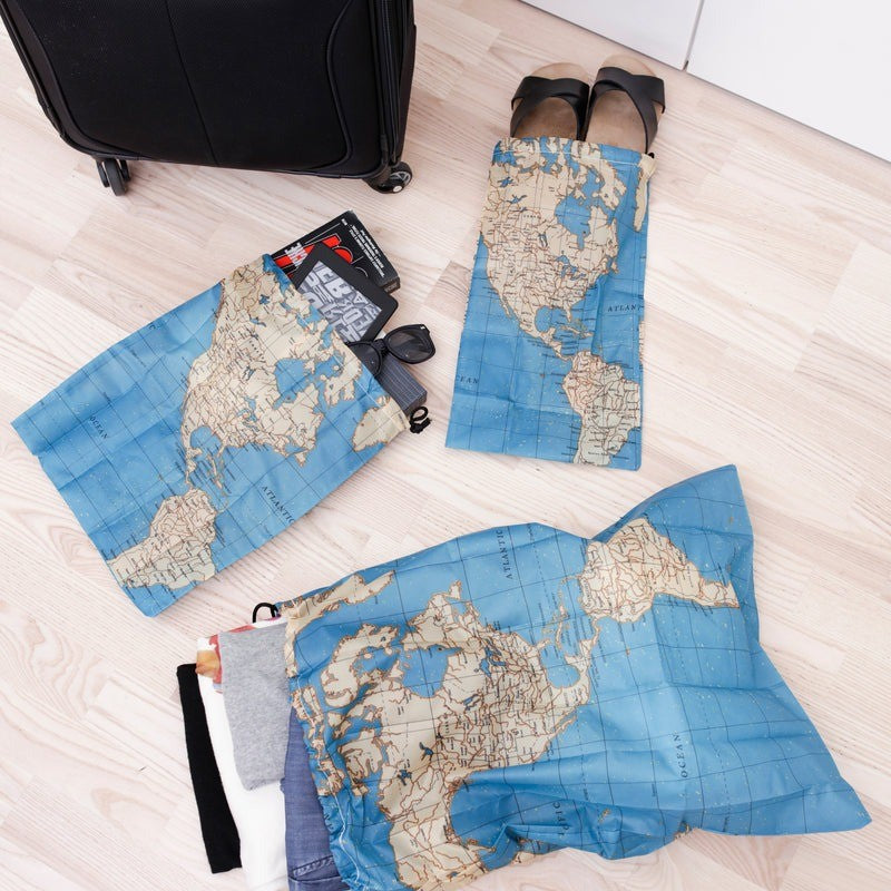 Kikkerland Maps Travel Laundry Bag Set