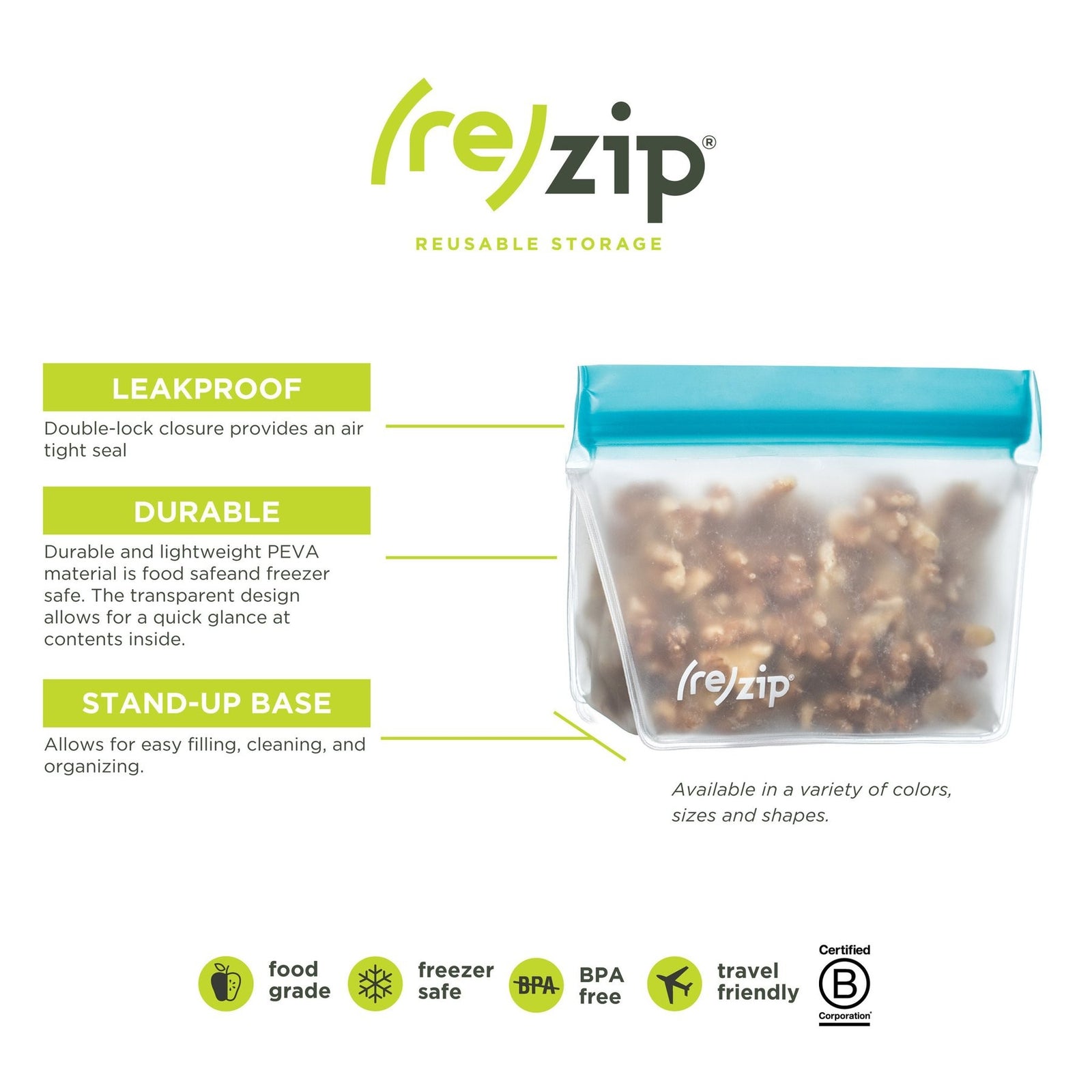 ReZip Stand-Up 1 Cup Leak Proof Reusable Storage Bag - 2 Pack - iQ living