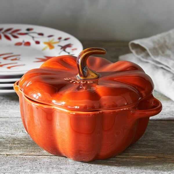 Staub Burnt Orange Ceramic Pumpkin Mini Dutch Oven