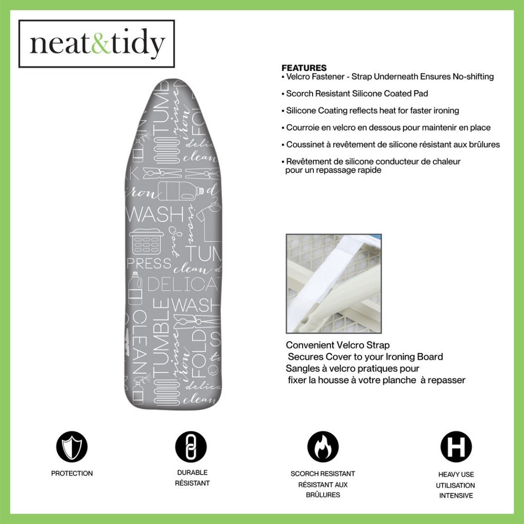Neat & Tidy Ironing Board Cover 15" x 54", Grey Text