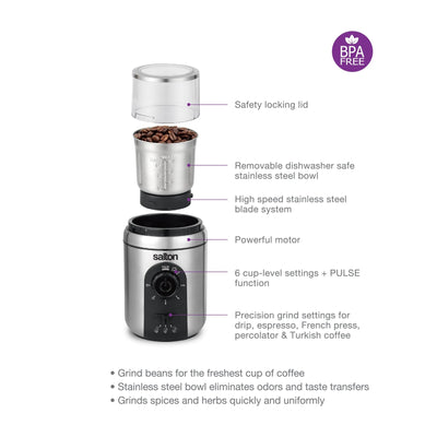 Salton Stainless Steel Smart Coffee Grinder