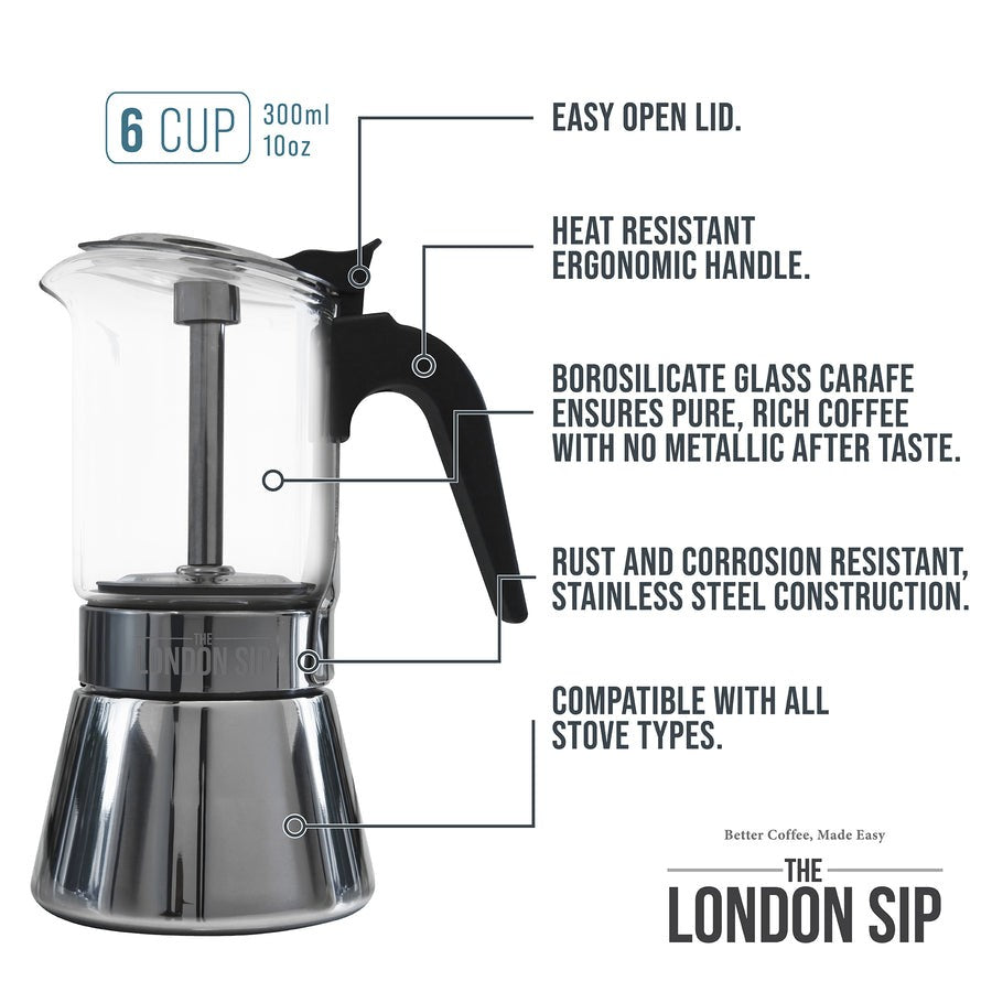 London Sip Glass Stovetop Espresso Maker 6 Cup