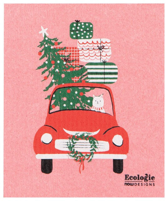 Now Designs Swedish Dish Cloth - Winter Wheels Cat Christmas