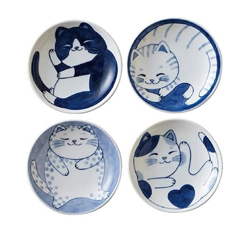 Miya Sauce Dish Set Of 4 Blue & White Cats
