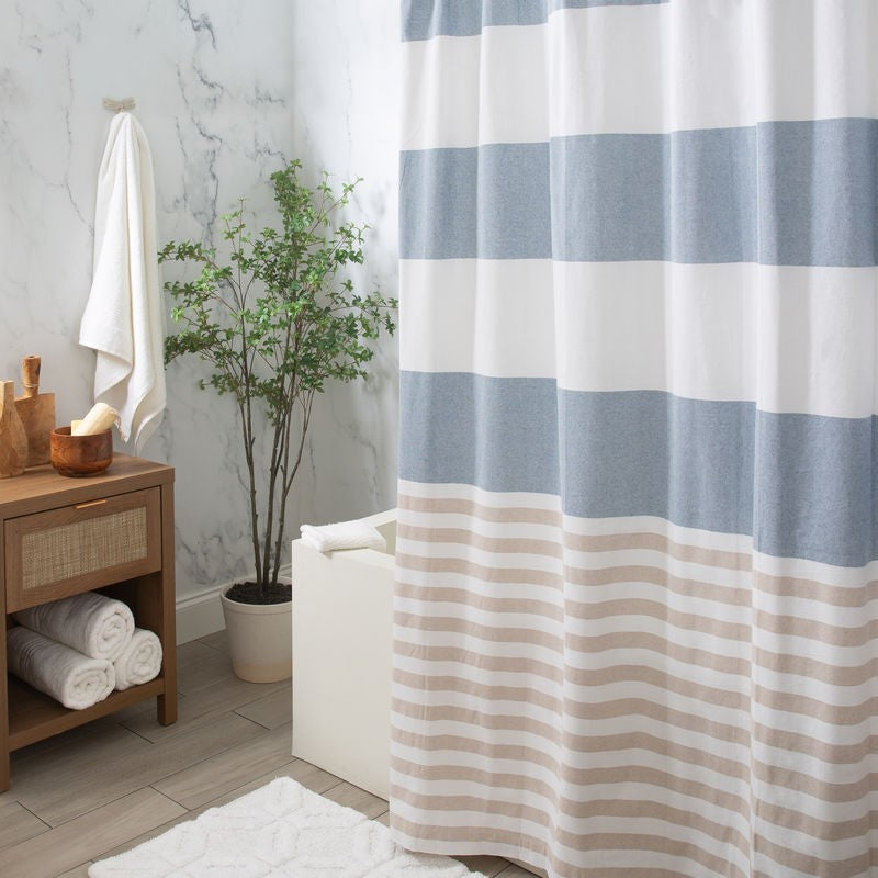 Moda At Home Cotton Shower Curtain Blue Stripe