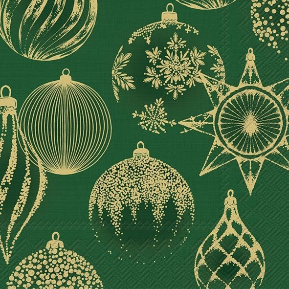 IHR Christmas Luncheon Napkin 20 Pack Green & Gold Baubles