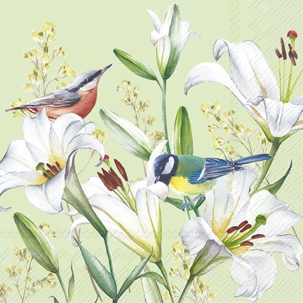 IHR Luncheon Napkin 20 Pack Birds In Lilies Green