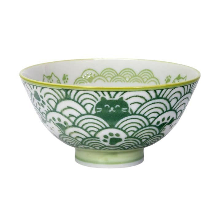 Urban Tokyo 10oz Rice Bowl - Seikaiha Neko Cat Green