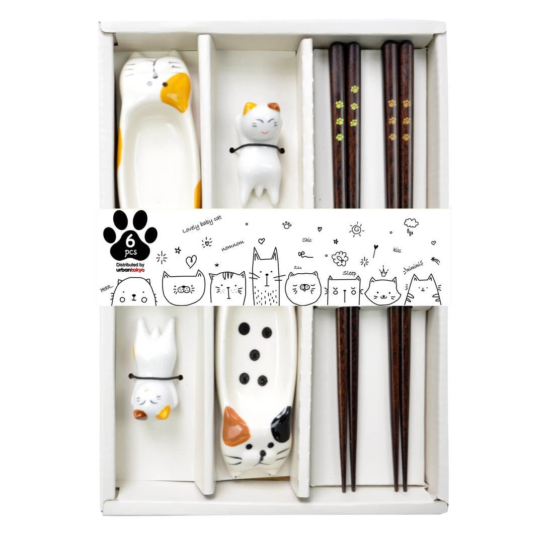 Urban Tokyo 6-Piece Chopstick, Dish & Rest Gift Set - Cats