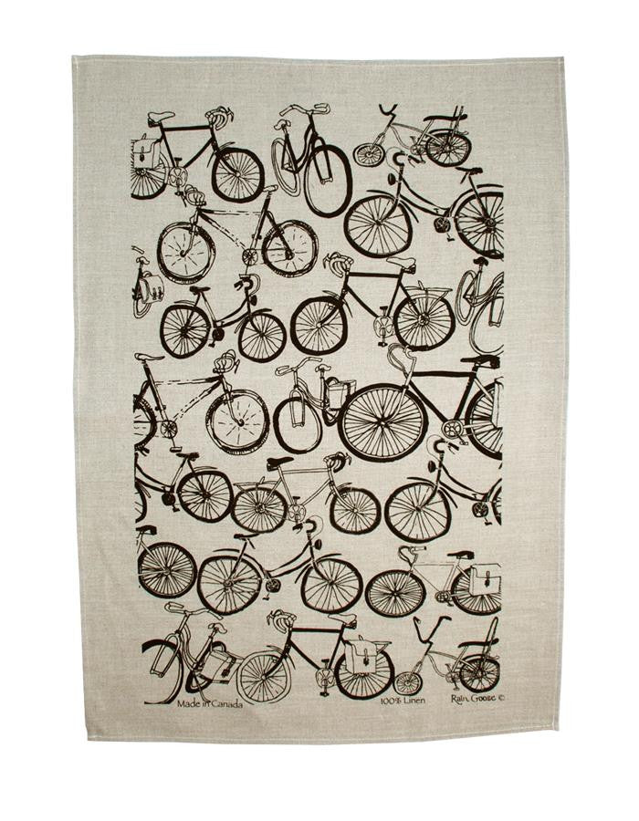 Rain Goose Linen Towel, Black Bike with an Oatmeal background